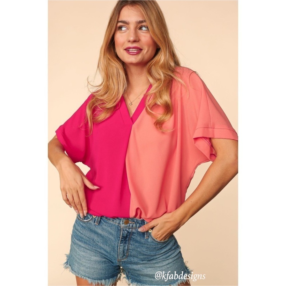 LAST! OVERSIZED V Neck Color Block Pink/Orange Oversized Woven Top! - Picture 4 of 6